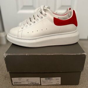 Alexander McQueen White Leather Sneakers with Red Heel Tab